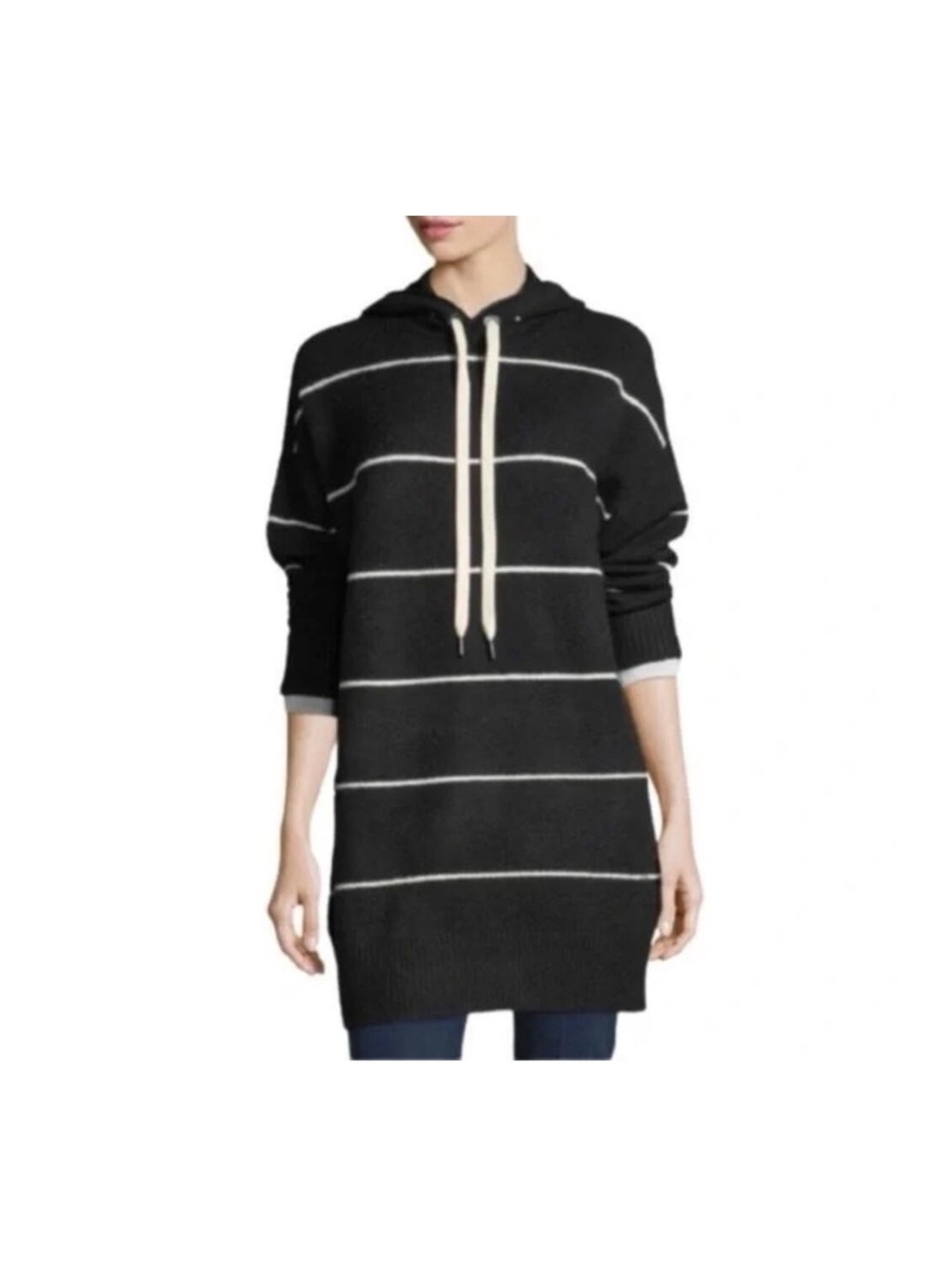 Alice + Olivia  Sz L Black White Striped Hooded Knit Tunic